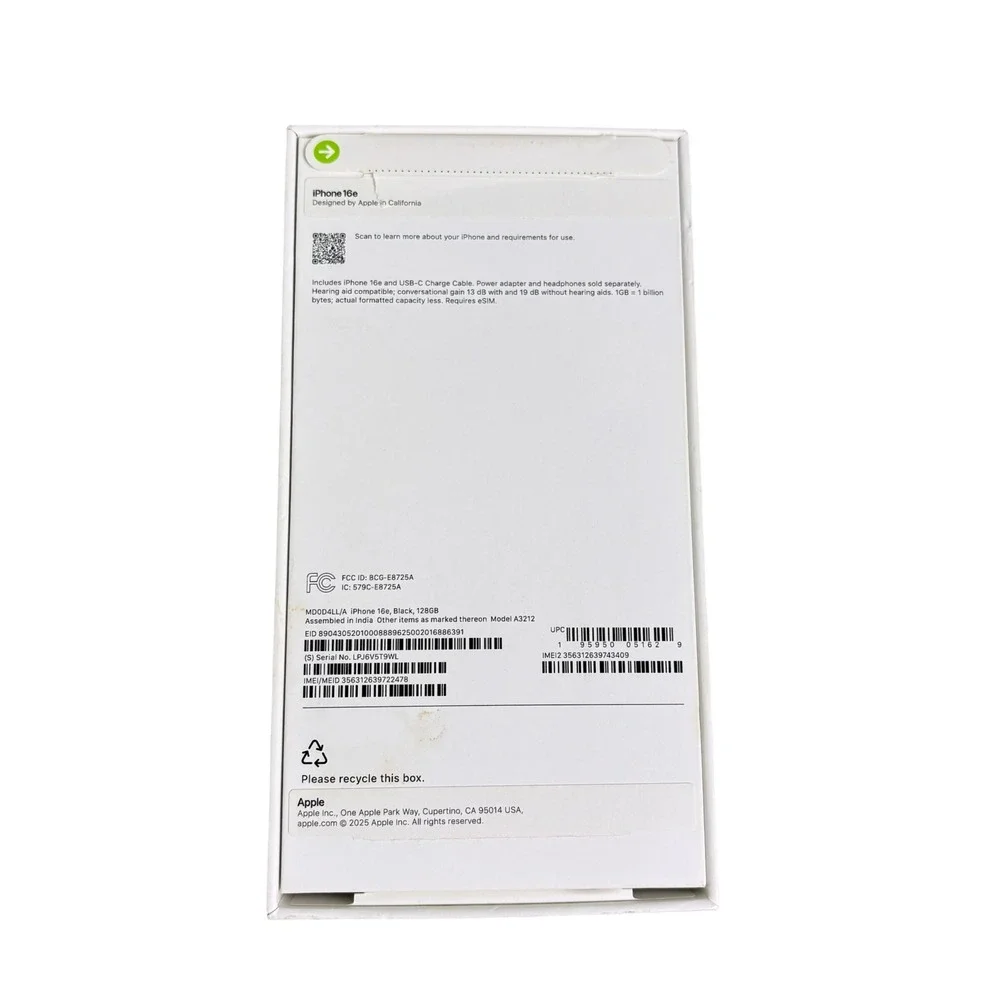 Apple iPhone 16e Box Only 128GB Black Good A3212 MDD04LL/A OEM Retail Packaging